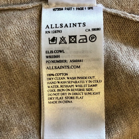 AllSaints ”Elis”Tan Cowl Neck Lightweight 100% Cotton Sweater,Size-Medium - Picture 8 of 9
